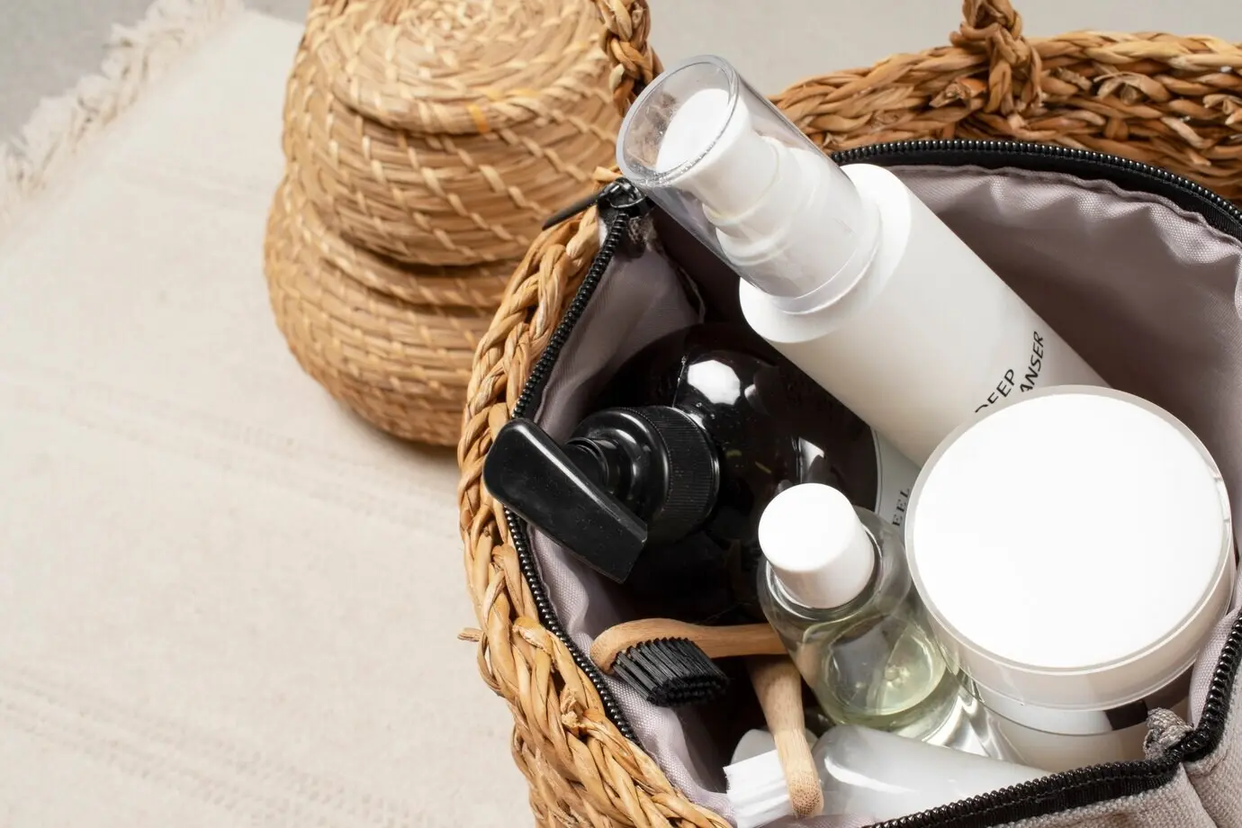 Уходовые средства в корзине, вид сверху